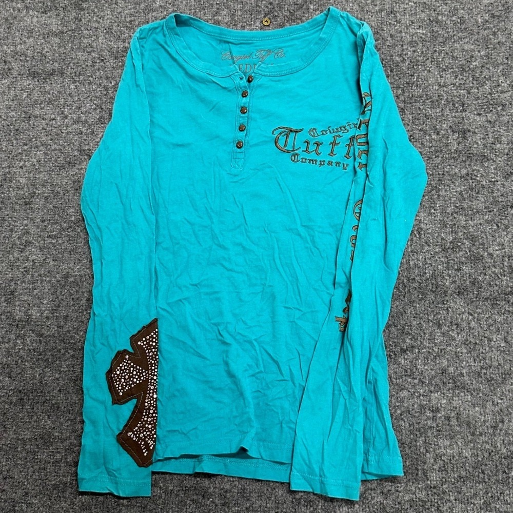 Cowgirl Tuff Henley Womens Size S Blue Rhinestone Cross Long Sleeve Western Top